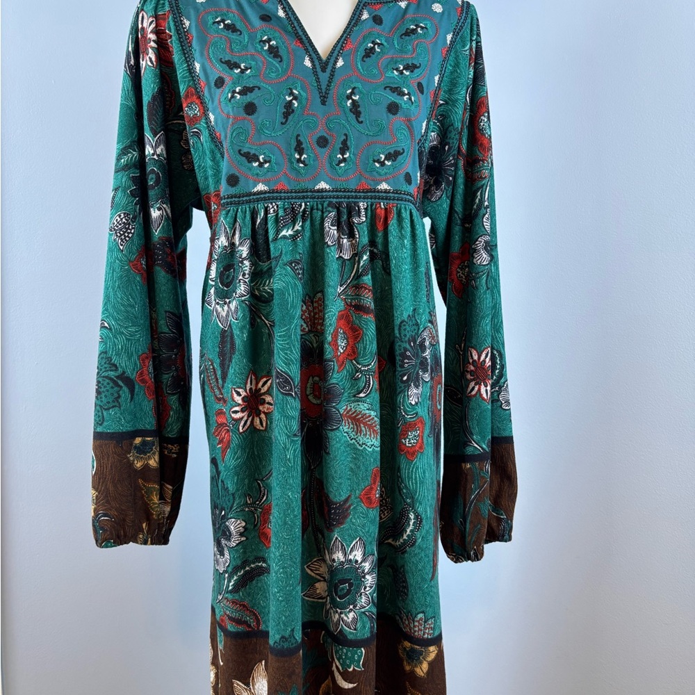 Chic Teal and Brown Floral Long Sleeve Dress